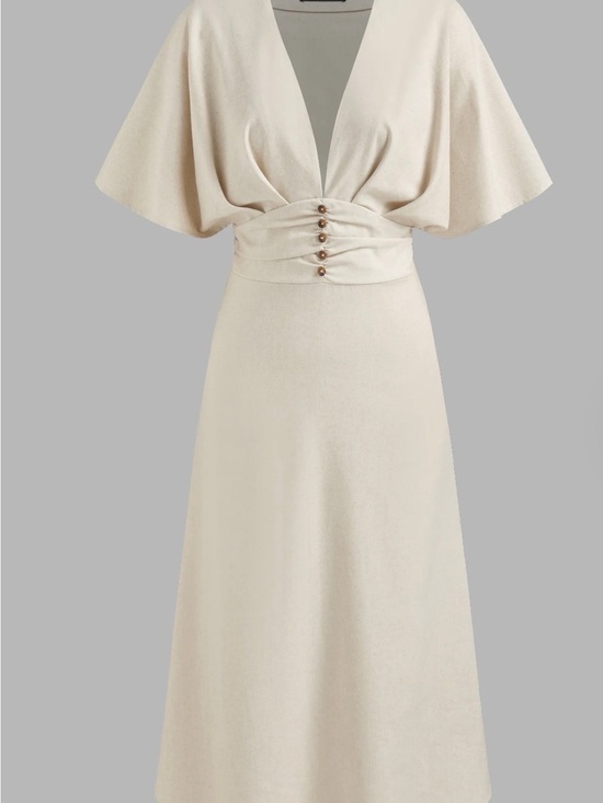 Cider Dresses & Skirts - Cider Cream V-Neck Midi Dress with Buttoned Waist Detail